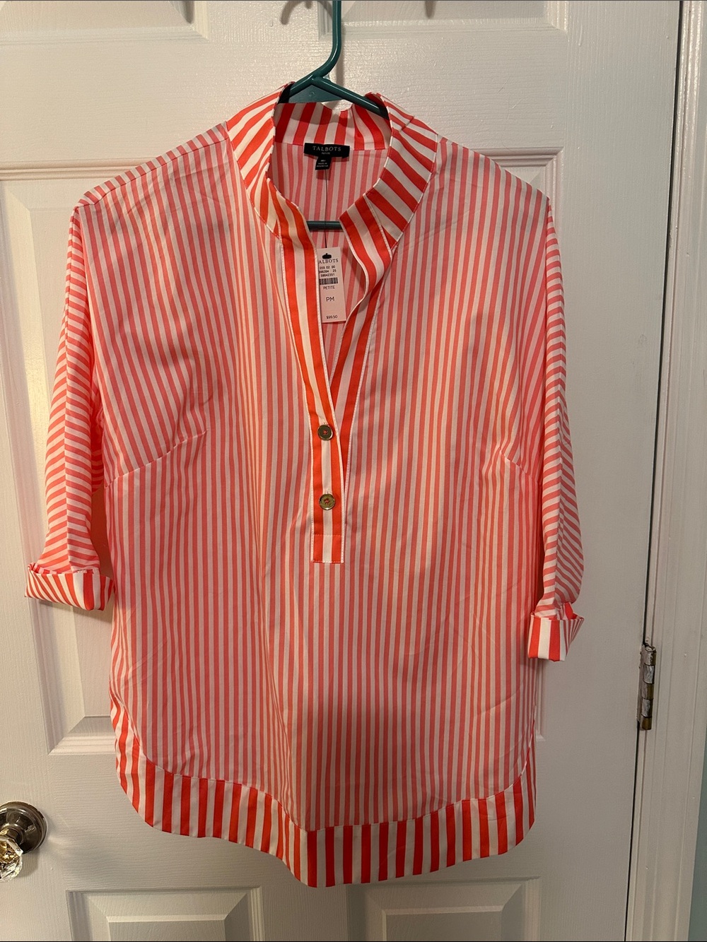 Talbots Coral and White Striped Popover Button-Front Shirt. Petite M